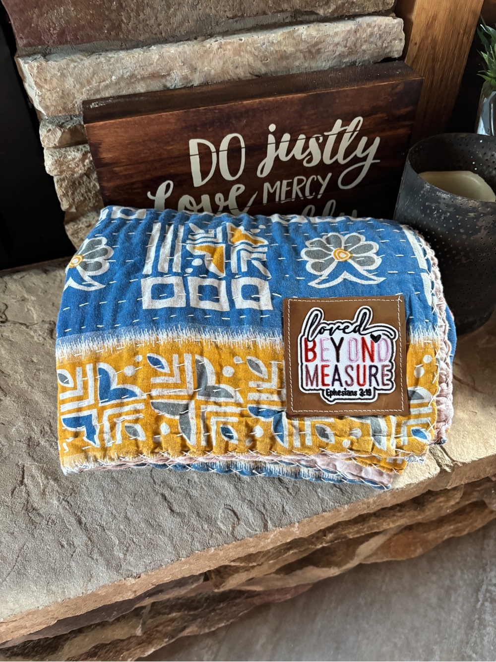 Loved Beyond Measure Patch Blue & Mustard Kantha Throw